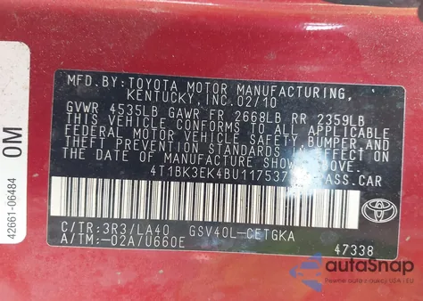 2011 Toyota Camry Xle V6 из США, поврежденный, VIN 4T1BK3EK4BU117537